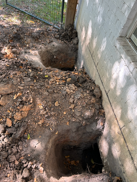 Two freshly dug holes near the foundation of a white brick house, surrounded by loose dirt and a metal gate in the background.