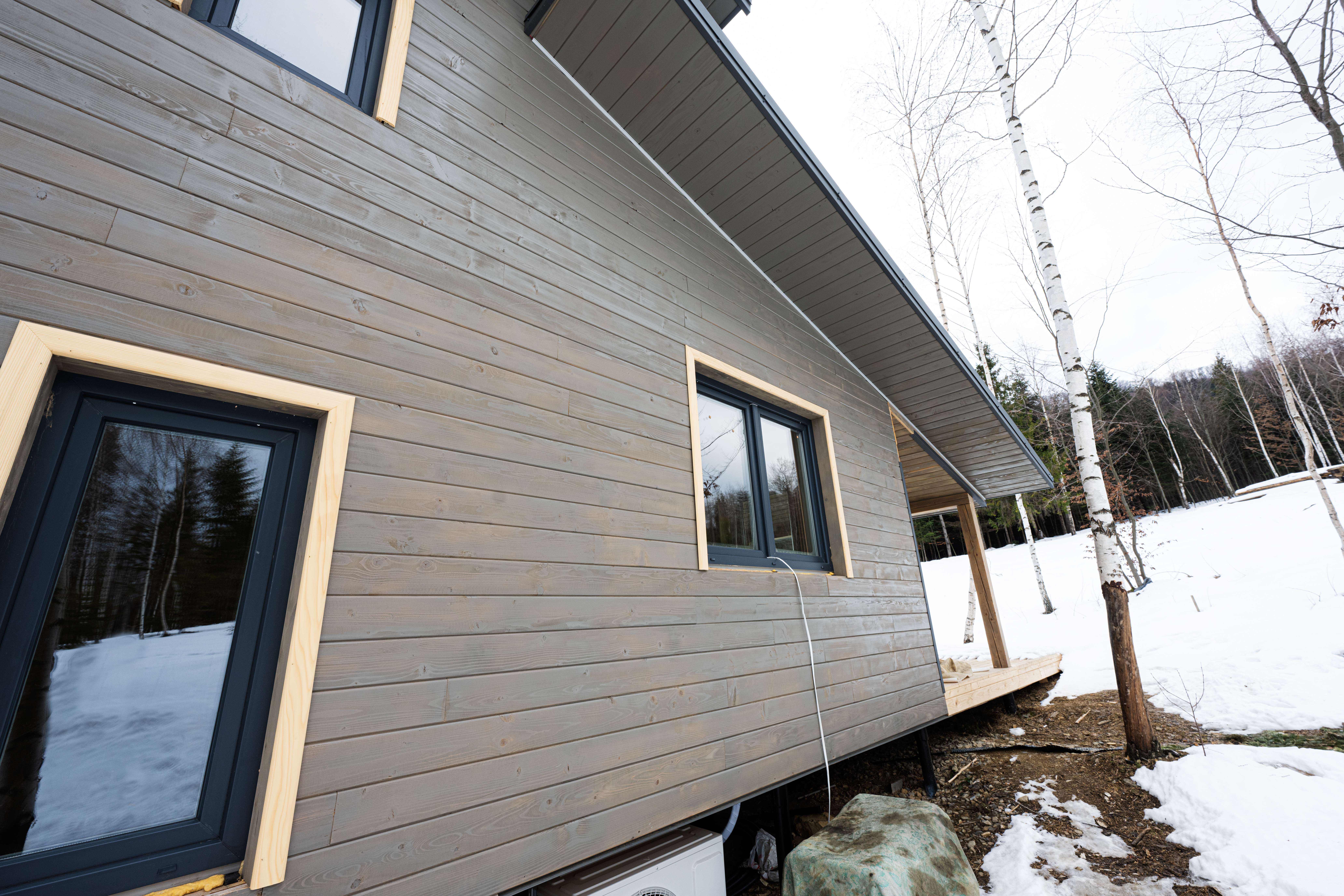 Side view of a modern wooden house with gray siding and black-framed windows, surrounded by snow and birch trees.