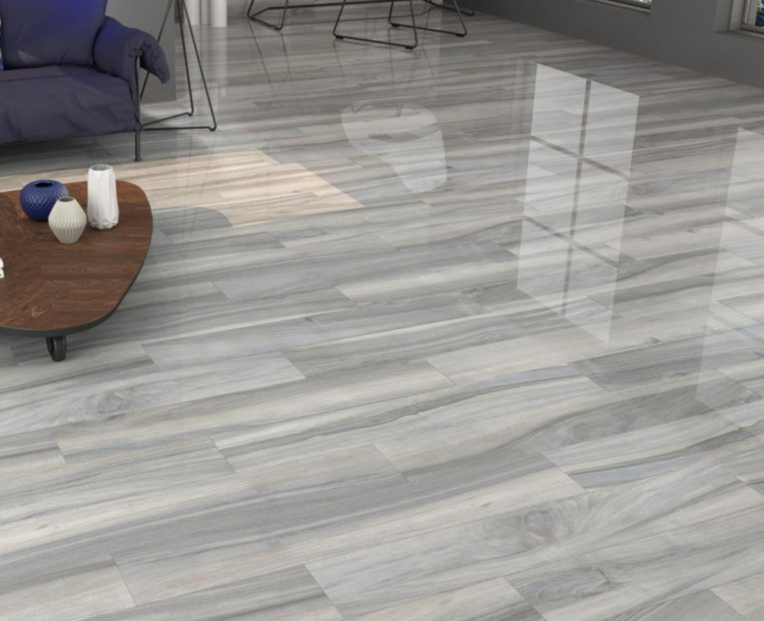 Modern living room with glossy light gray wood plank flooring reflecting window light.