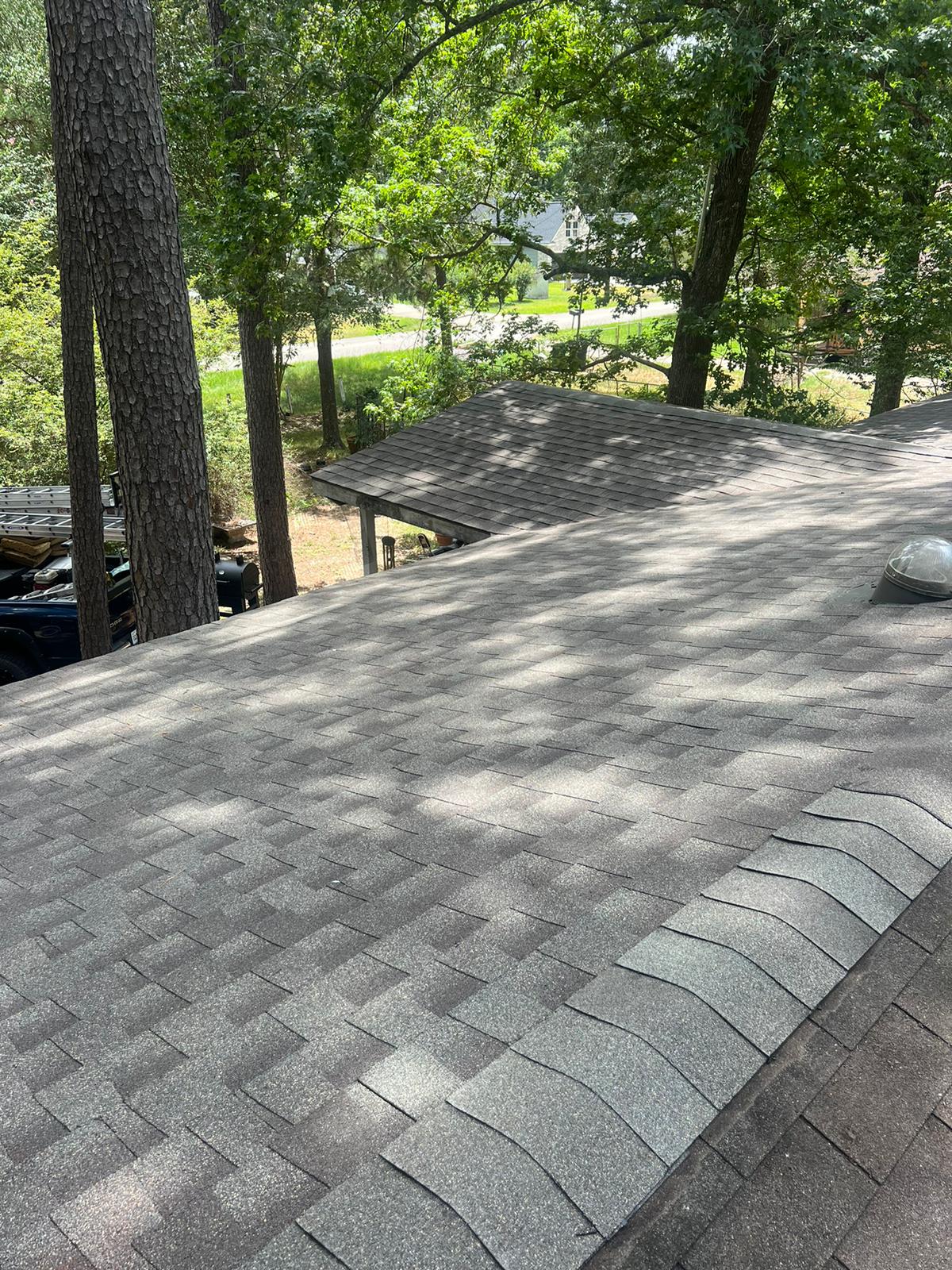 Gray asphalt shingle roof with overlapping ridge shingles, surrounded by tall green trees and a view of a wooden shed and residential houses in the background.
