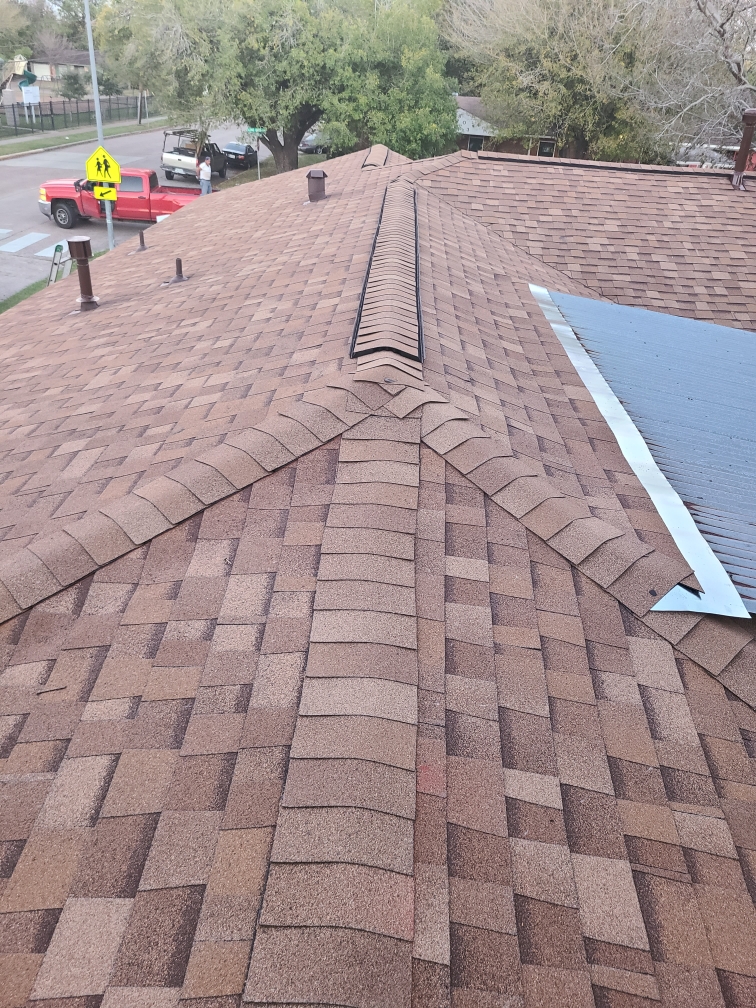 Close-up view of a brown shingled roof with ridge vents and surrounding trees and street visible in the background.